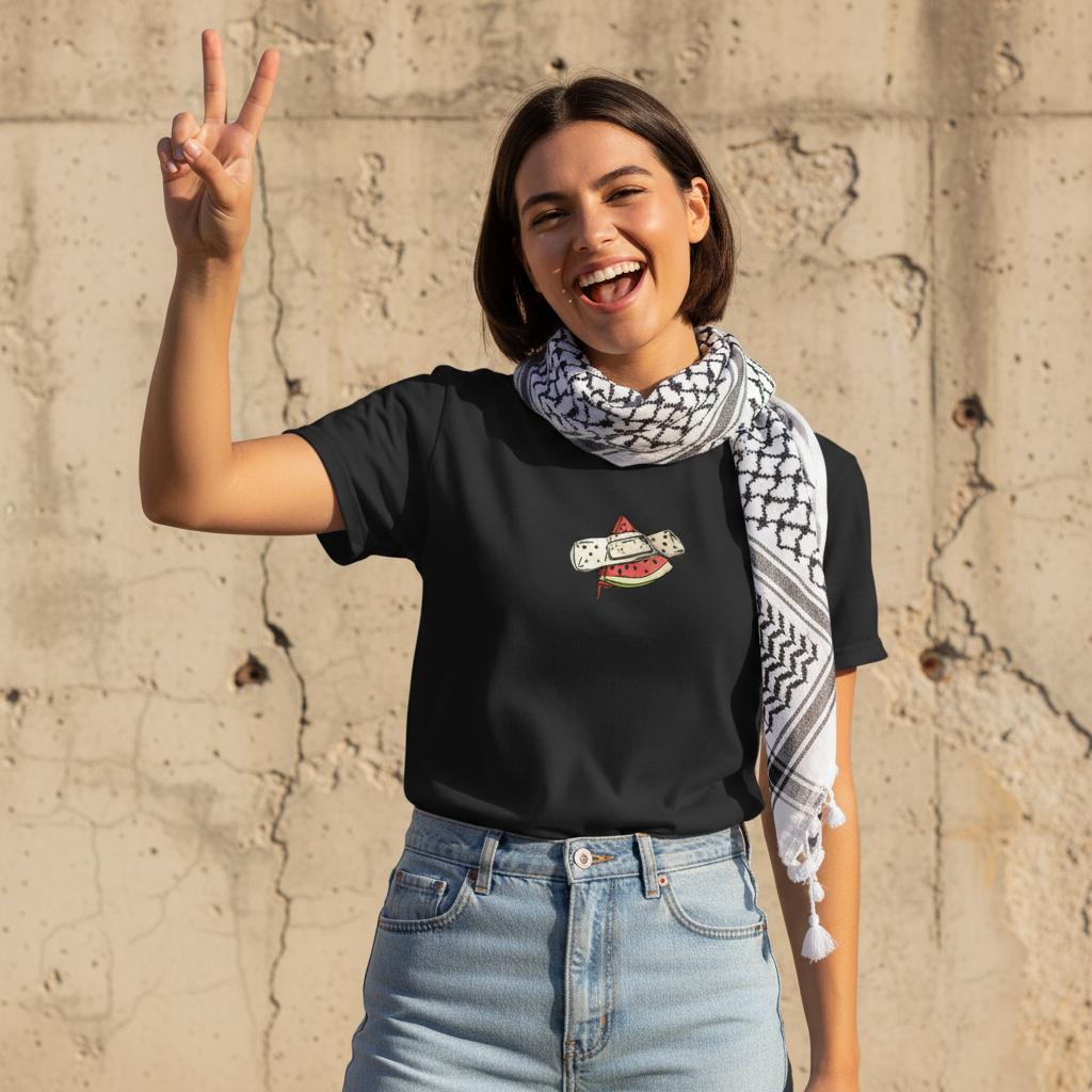 The Band-Aided Watermelon | happy fun arab genz wearing kuffiyeh around neck, in ecstatic mood, making a genz camera pause and raising a victory sign. image for upper half only. background old cracked wall. Minimalist outfit and highlights the design, captured in sharp focus. Bright afternoon sun