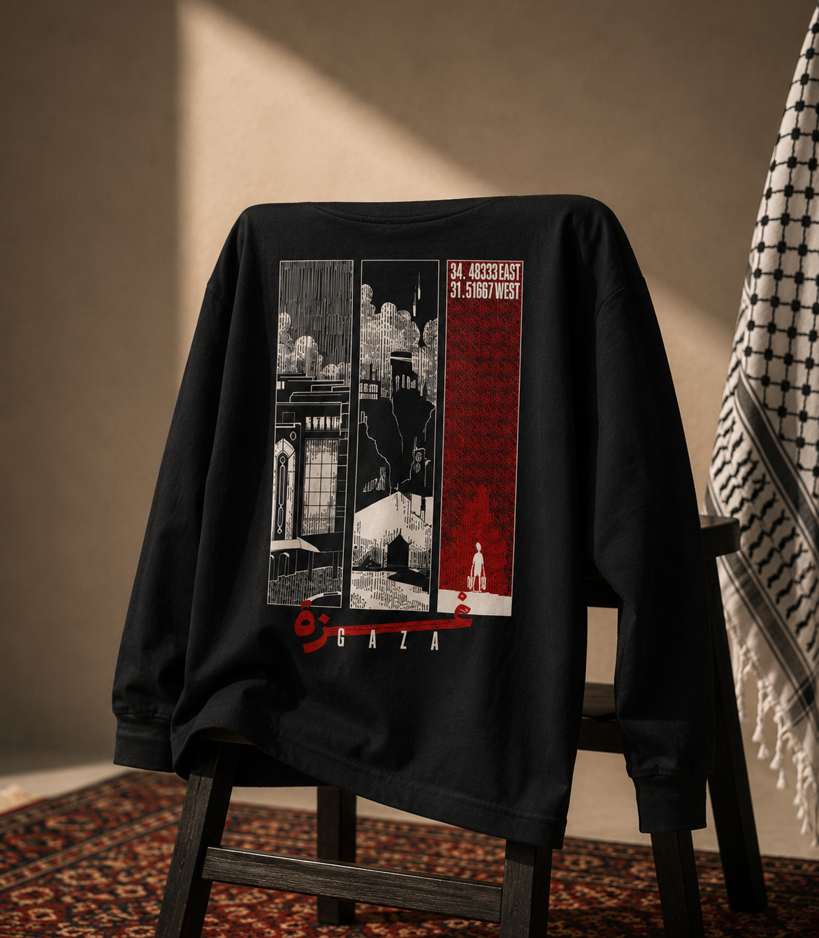 Gaza Coordinates long sleeve tee — three-panel graphic with the coordinates 31.5N 34.4E
