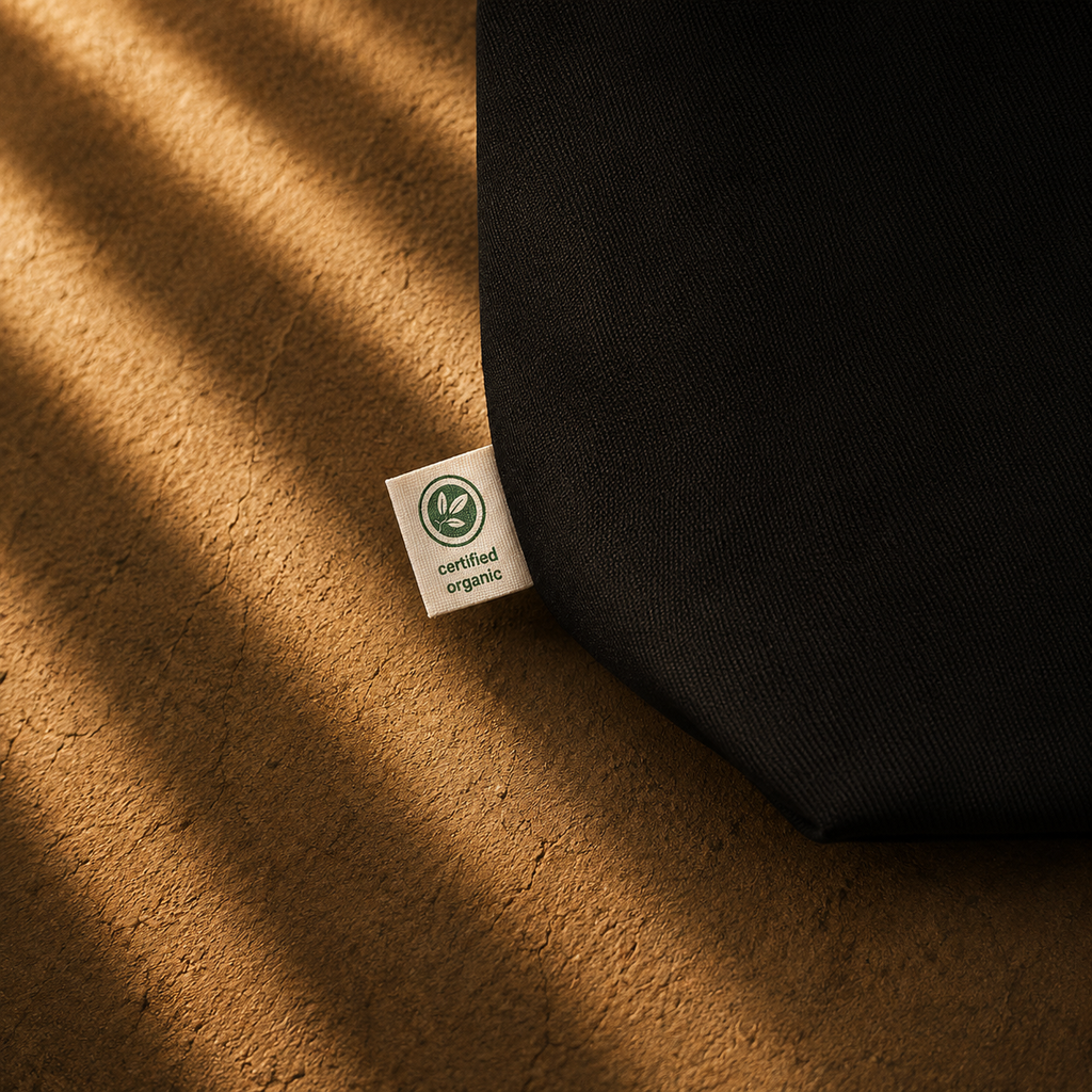 A close-up of a black fabric tote bag corner with a small white 'certified organic' tag, placed on a textured brown surface with dramatic diagonal sunlight shadows.