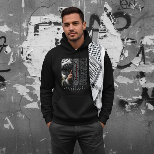 Chris Hedges- But We did not Try Hard Enought. handsome arab man wearing kuffiyeh on shoulders with hands in pockets. image for upper half only. background old cracked wall with some torn plain posters and torn out duct-tape. black and white image. only model in full color with glowing light on model