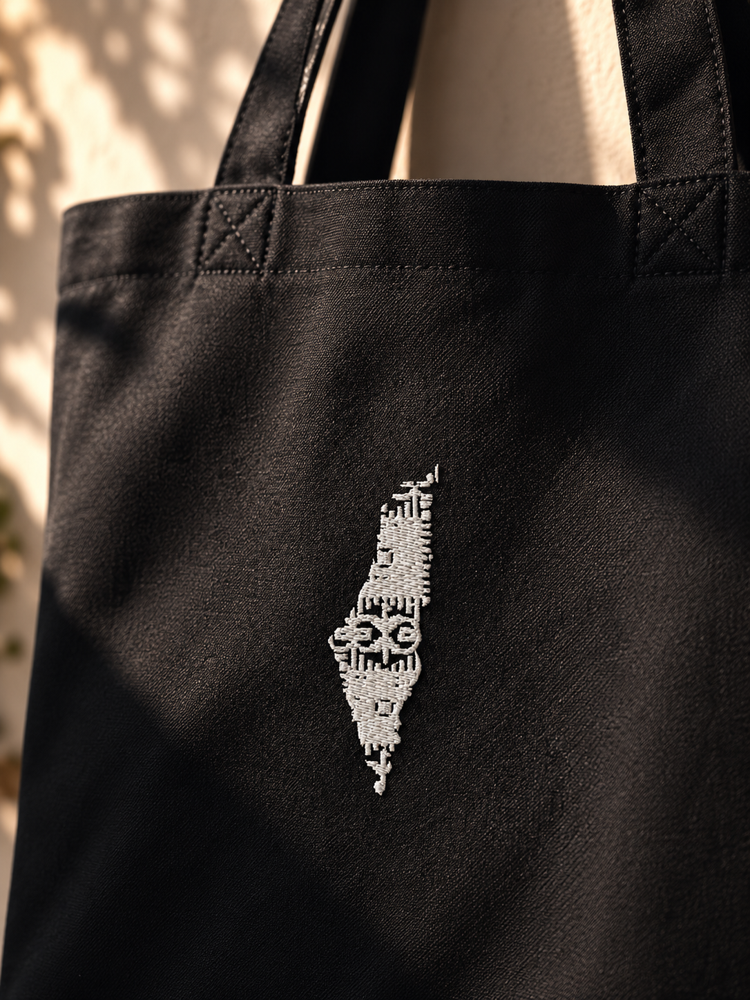 A close-up of a black canvas tote bag with a white embroidered graphic of the map of Palestine on the front, set against a warm, sunlit background with soft leaf shadows.
