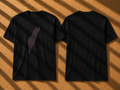 Two black short-sleeve T-shirts shown flat against a textured tan background with diagonal shadow overlays. The front shirt has a subtle dark mauve-brown silhouette graphic on the left chest, and the back shirt is plain.