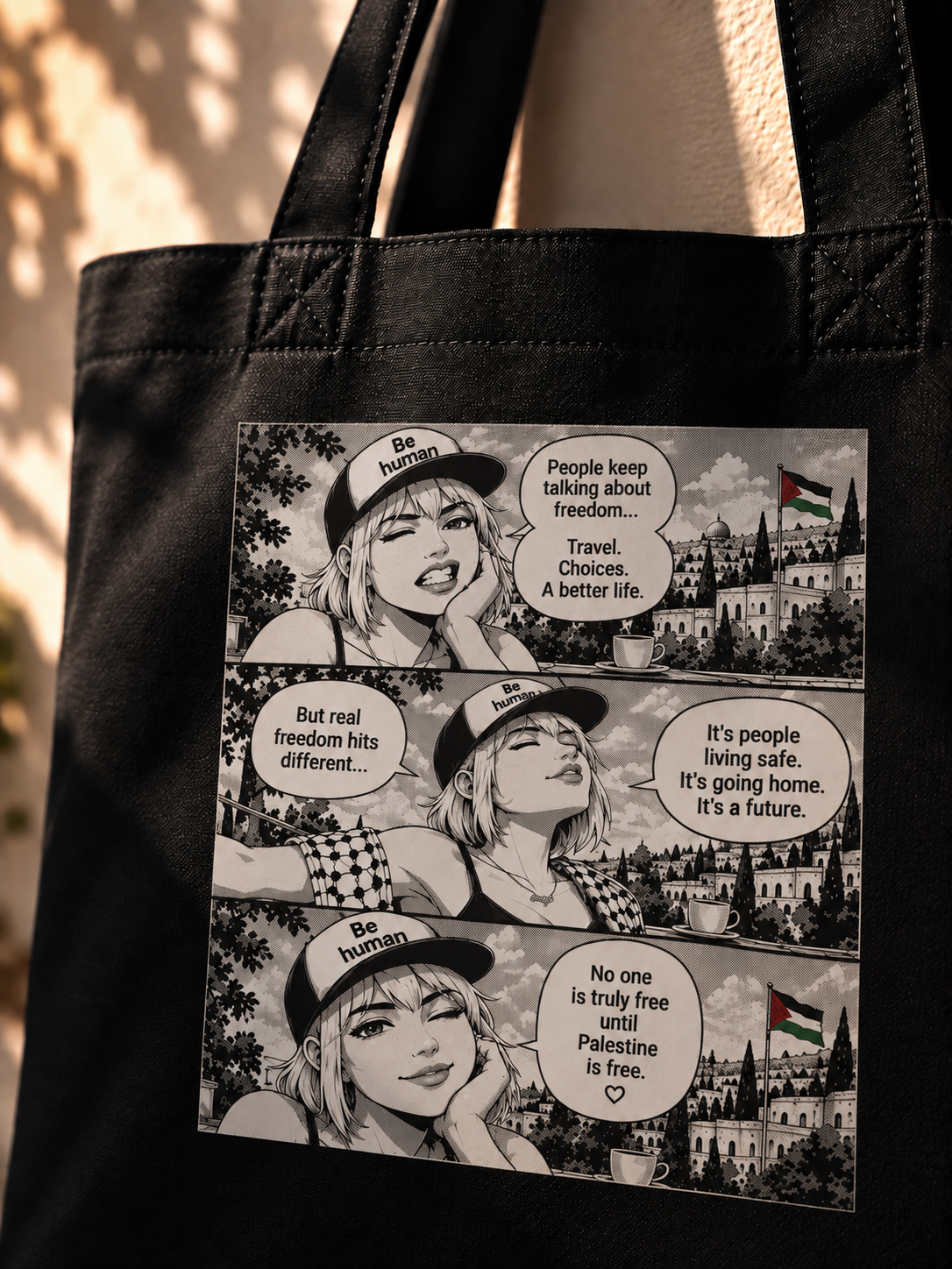 A black canvas tote bag with a large rectangular black-and-white comic print on the front. The manga comic features a woman in a cap speaking about freedom and Palestine, with a building and Palestinian flag in the background.