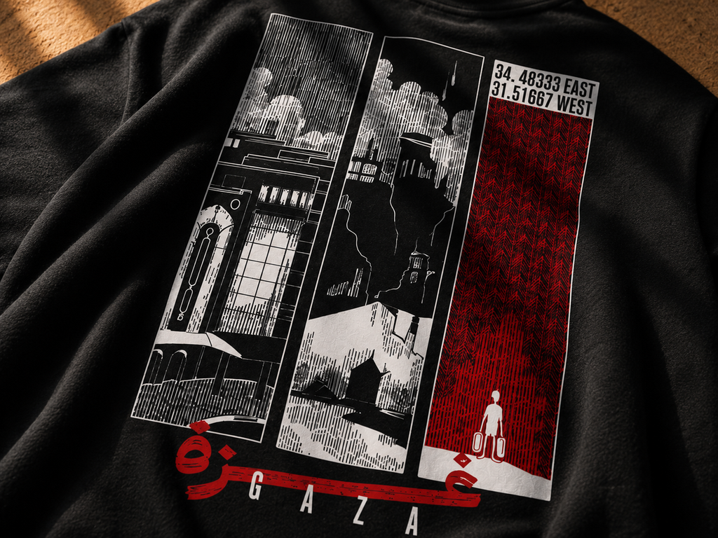 A close-up of a black t-shirt featuring a detailed graphic print of the Gaza cityscape in a triptych style, with red and black tones and coordinates printed on the right panel.