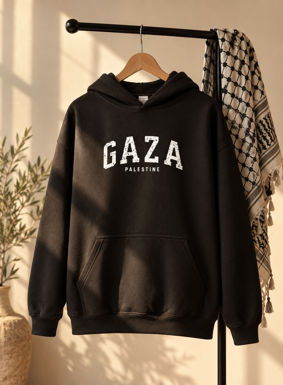 hoodie on rack varsity design Gaza Palestine. Kuffieyh in back