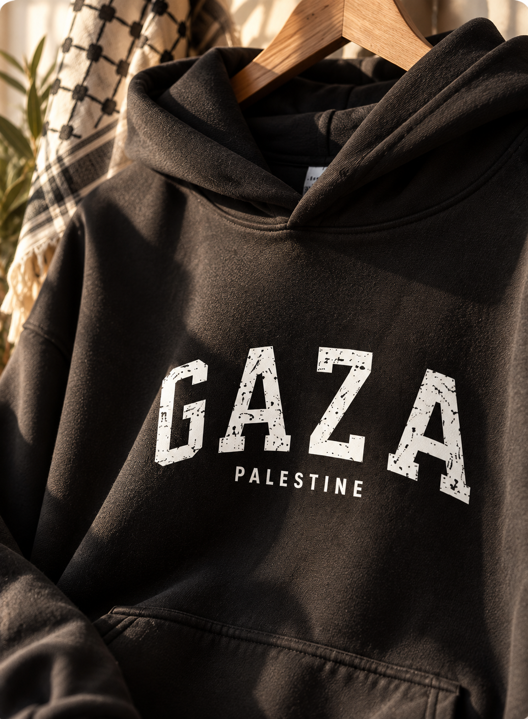 hoodie on rack varsity design Gaza Palestine. Kuffiyeh in back