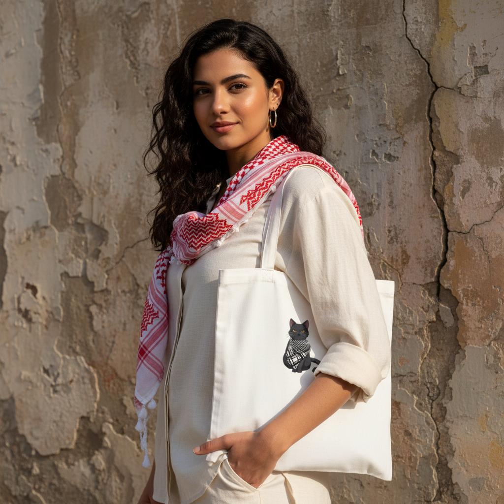 Gigi - The Kuffiyeh Cat, Classic Tote Bag White. street style beautiful young arab woman wearing kuffiyeh on shoulders with one hand in pockets. image for upper half only. background old cracked wall. Minimalist outfit and highlights the bag, captured in sharp focus. Bright afternoon sun.
