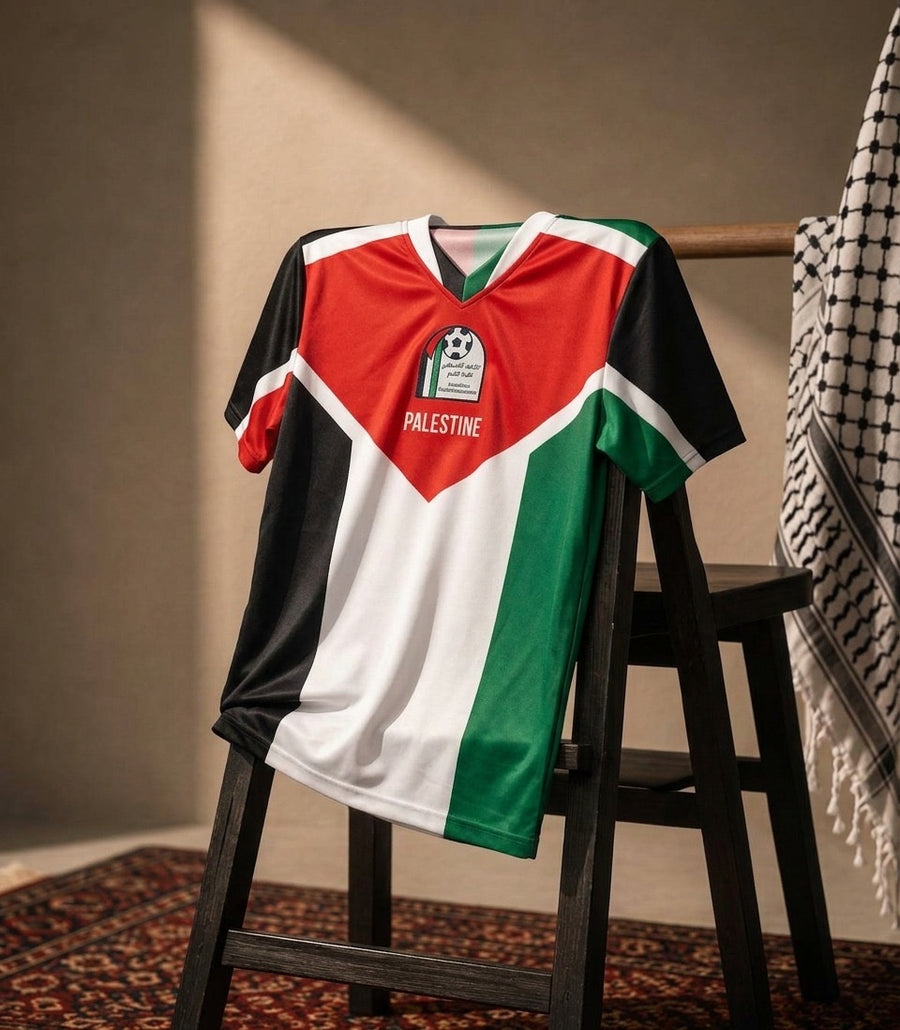 Mockup of Palestine Jersey in the colours of the Palestinian flag, on a wooden chair and oriental rug and kuffiyeh on the side