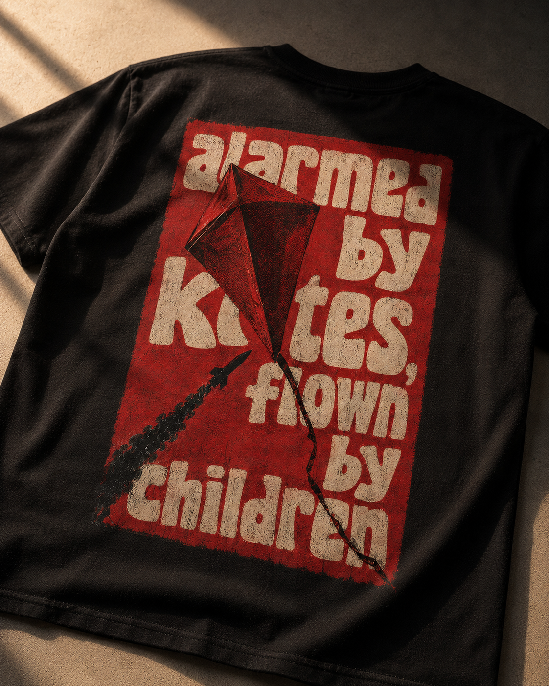 closeup of the design that reads: alarmed by kites flown by children