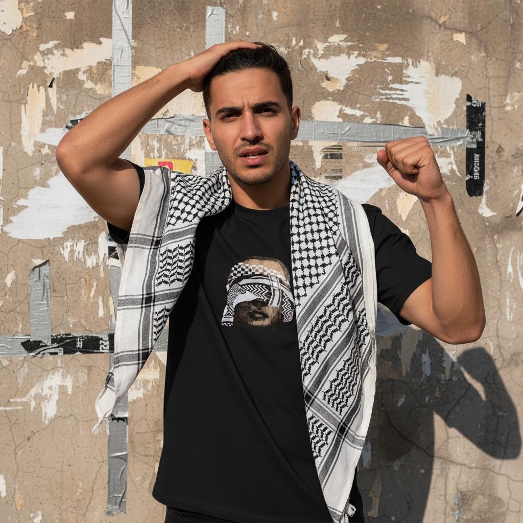 Kuffiyeh Unveiled Eyes Tshirt | handsome arab young man wearing kuffiyeh on shoulders with one hand on head and other raising fist. image for upper half only. background old cracked wall with some torn plain posters and torn out duct-tape. The image should be appealing for genz
