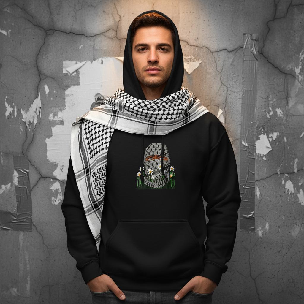 Life Still Blooms  - handsome arab man wearing kuffiyeh on shoulders with hands in pockets. image for upper half only. background old cracked wall with some torn plain posters and torn out duct-tape. black and white image. only model in full color with glowing light on model