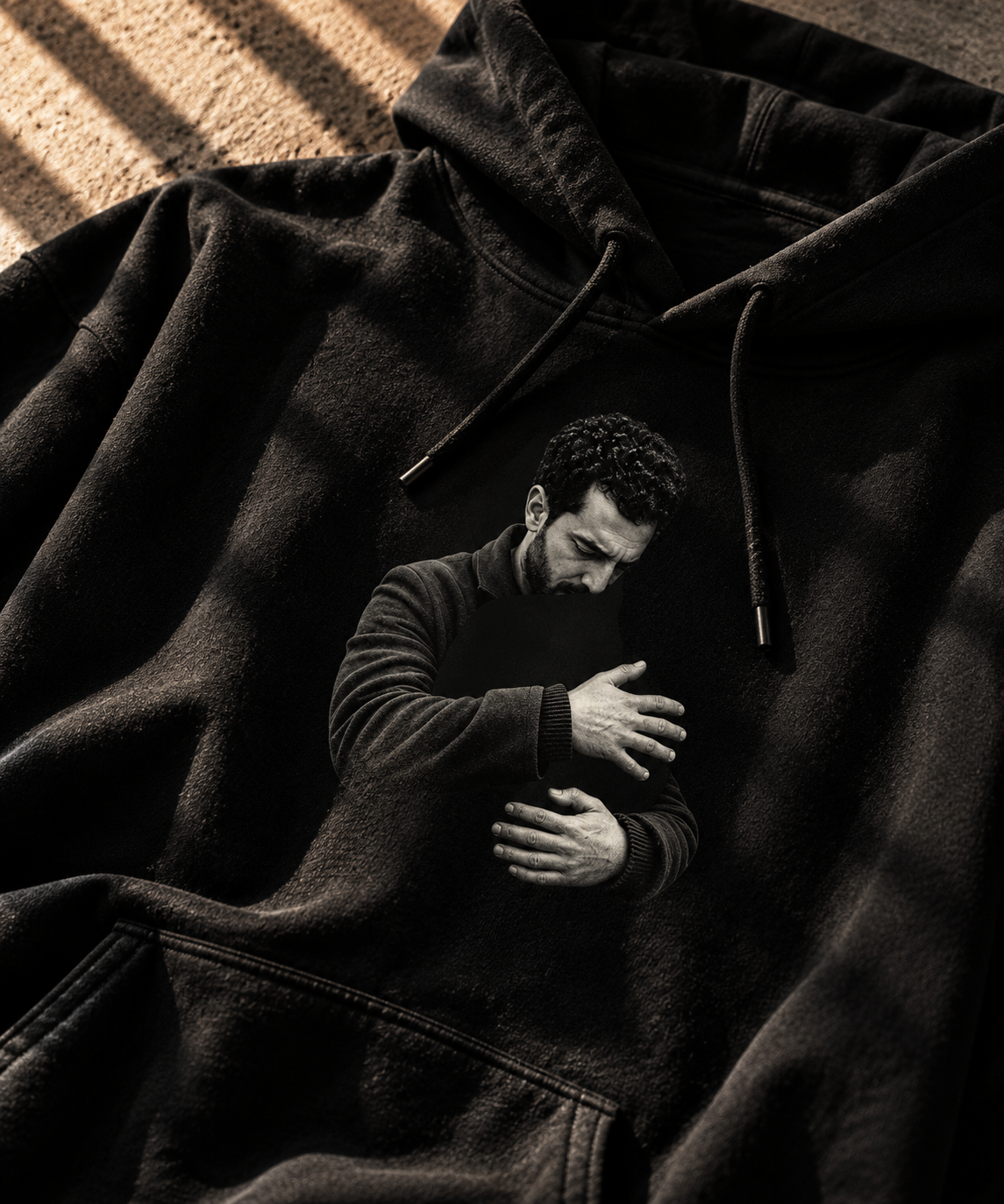 A black pullover hoodie laid flat on a textured surface, featuring a monochrome printed graphic of a man hugging himself in the center chest area.