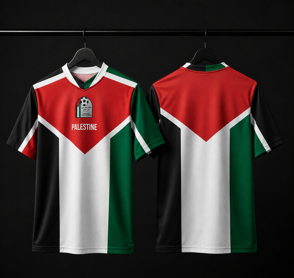 Front and back views of a short-sleeve soccer jersey hanging on black hangers against a black background. The jersey uses the Palestinian flag color scheme with red, green, white, and black panels, featuring a central emblem and the word 'PALESTINE' on the chest.