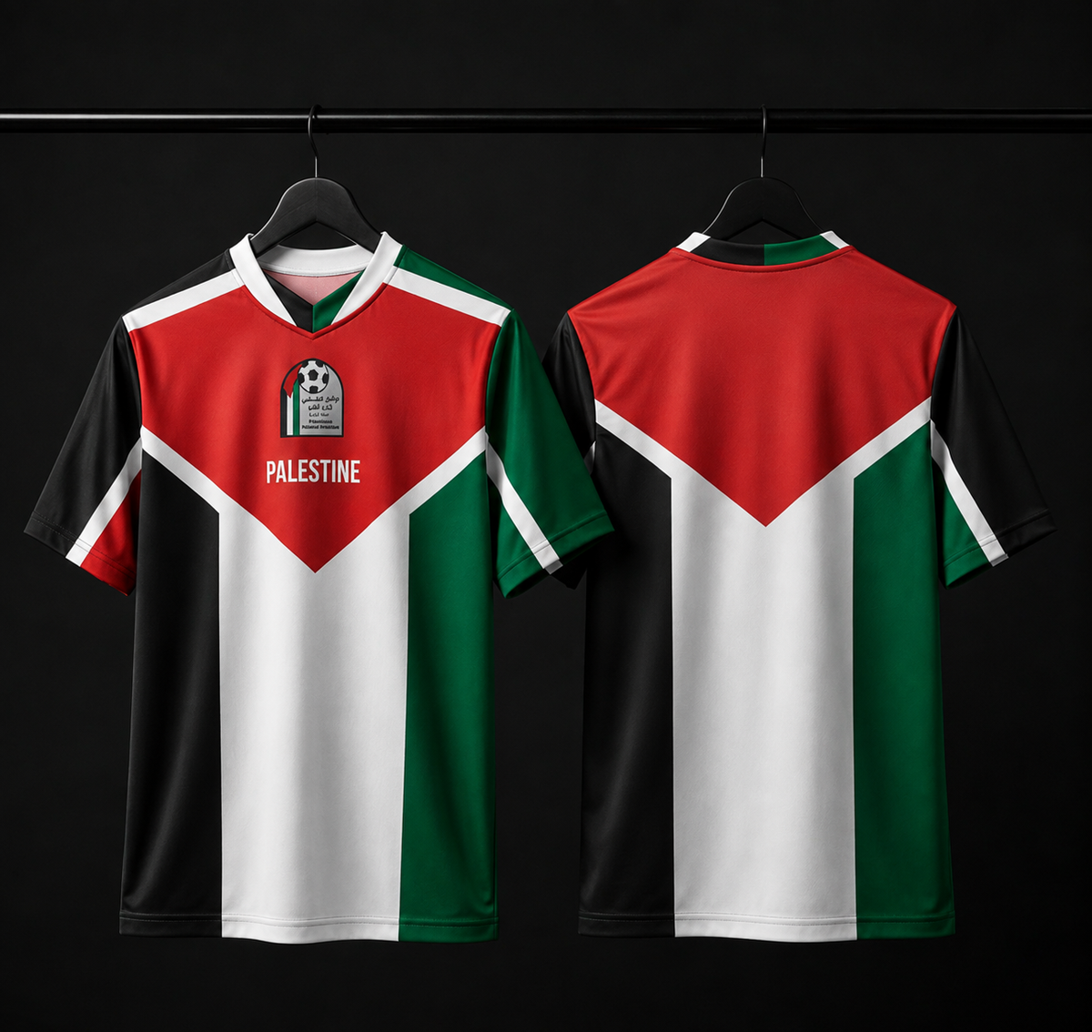 Front and back views of a short-sleeve soccer jersey hanging on black hangers against a black background. The jersey uses the Palestinian flag color scheme with red, green, white, and black panels, featuring a central emblem and the word 'PALESTINE' on the chest.