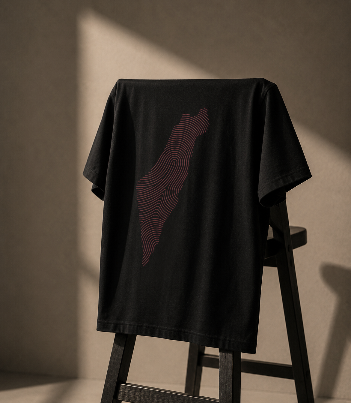 A black short-sleeve T-shirt draped over a dark wooden stool in a warmly lit room, featuring a stylized graphic of the Taiwan island silhouette made of concentric wavy lines in muted red on the back.