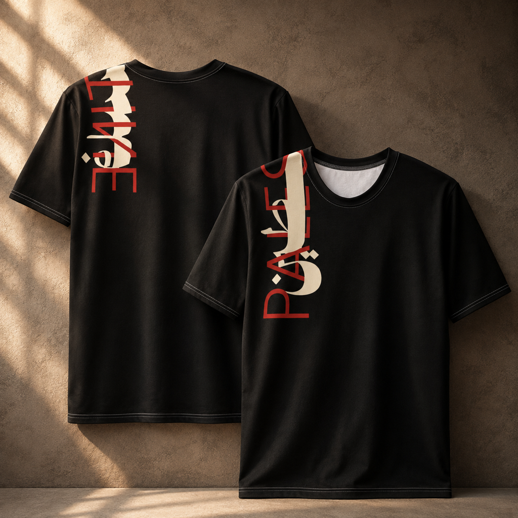 Two black short-sleeve T-shirts displayed against a textured brown wall, showing the front and back views. The shirts feature a large vertical graphic print in red and cream on the chest and back.