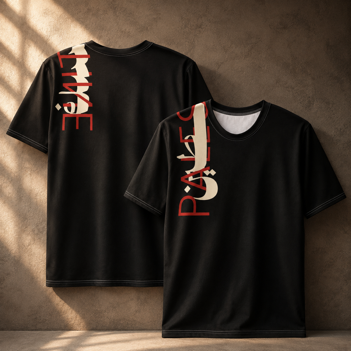 Two black short-sleeve T-shirts displayed against a textured brown wall, showing the front and back views. The shirts feature a large vertical graphic print in red and cream on the chest and back.