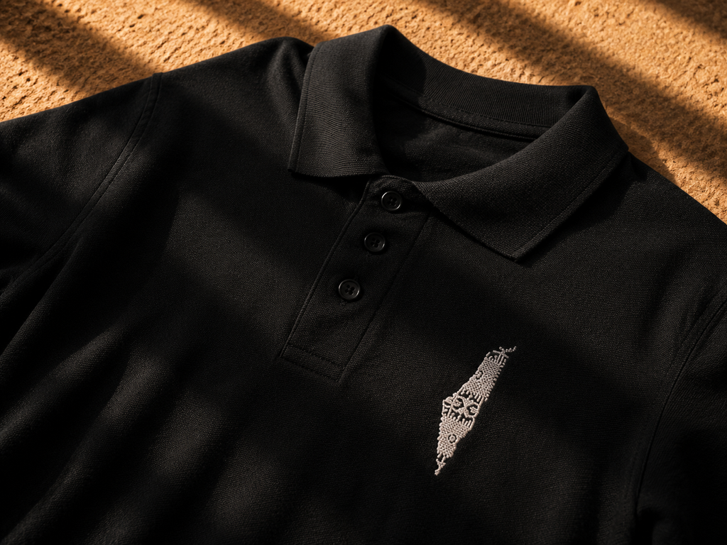 A close-up of a black polo shirt laid flat on a textured tan surface, with warm sunlight casting diagonal shadows across the fabric and a small white embroidered map-of-Palestine graphic on the left chest.