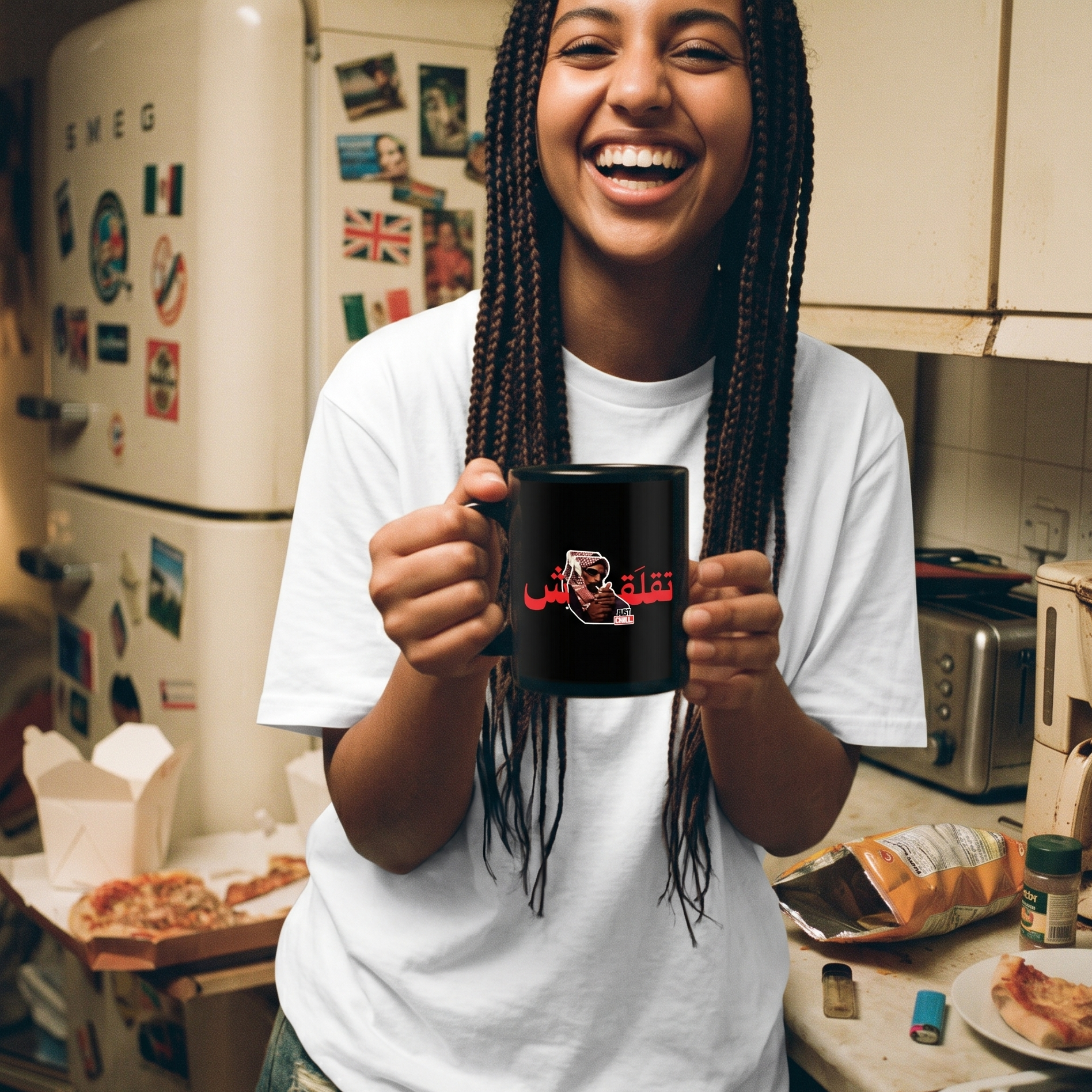 Person holding a mug in a kitchen with a refrigerator and counter in the background