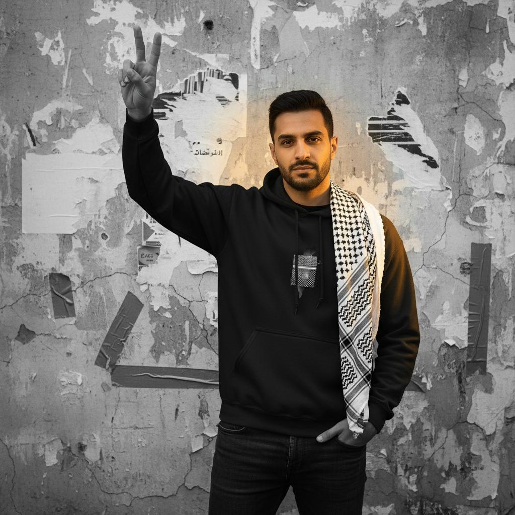 The Land, The Pattern, The Peace | arab man wearing kuffiyeh on shoulders with one hand in pockets the other raising victory sign. image for upper half only. background old cracked wall with some torn plain posters and torn out duct-tape. black and white image. only model in full color with glowing light on model