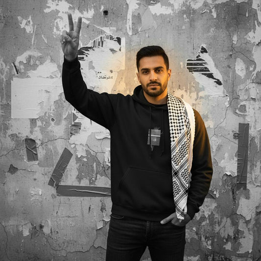 The Land, The Pattern, The Peace | arab man wearing kuffiyeh on shoulders with one hand in pockets the other raising victory sign. image for upper half only. background old cracked wall with some torn plain posters and torn out duct-tape. black and white image. only model in full color with glowing light on model