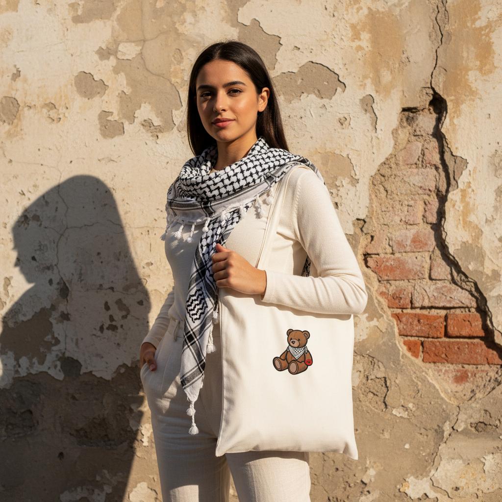 The Mark Tote - street style beautiful young arab woman wearing kuffiyeh on shoulders with one hand in pockets. image for upper half only. background old cracked wall. Minimalist outfit and highlights the bag, design must be visible, captured in sharp focus. Bright afternoon sun.