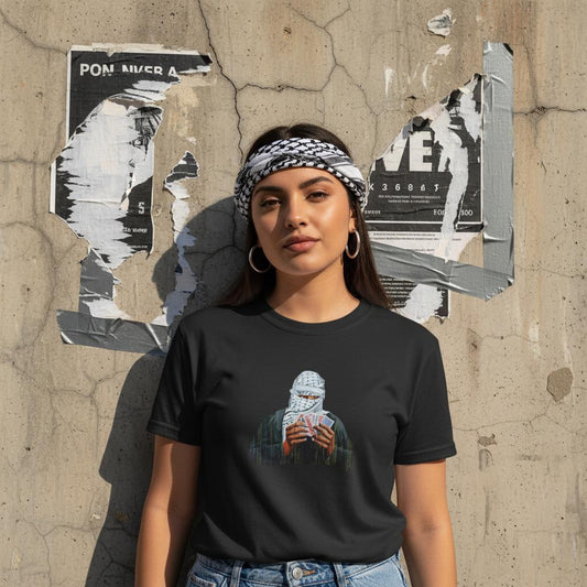 The Player T-Shirt | 
handsome arab young woman wearing kuffiyeh head band in genz camera pause. image for upper half only. background old cracked wall with some torn plain posters and torn out duct-tape. The image should be appealing for genz