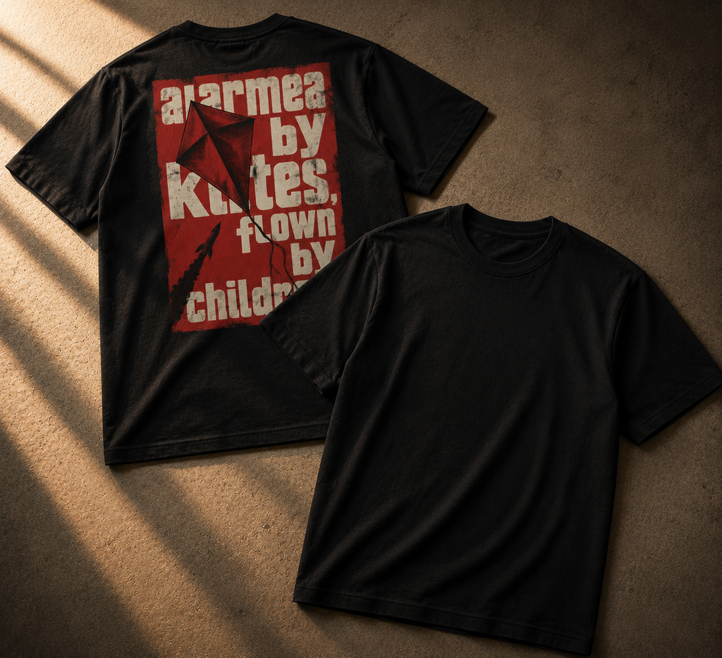 back and front of tshirt that read alarmed by kites flown by children design on the back of the tshirt
