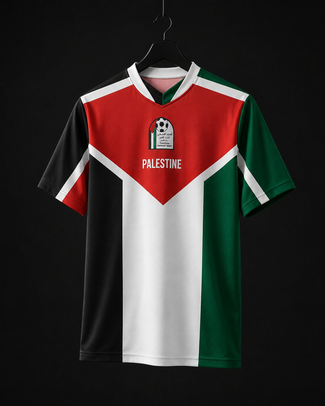 A short-sleeve soccer jersey hanging on a black hanger against a black background. The jersey features the Palestinian flag design with vertical black, red, white, and green stripes, and the word 'PALESTINE' printed on the chest.