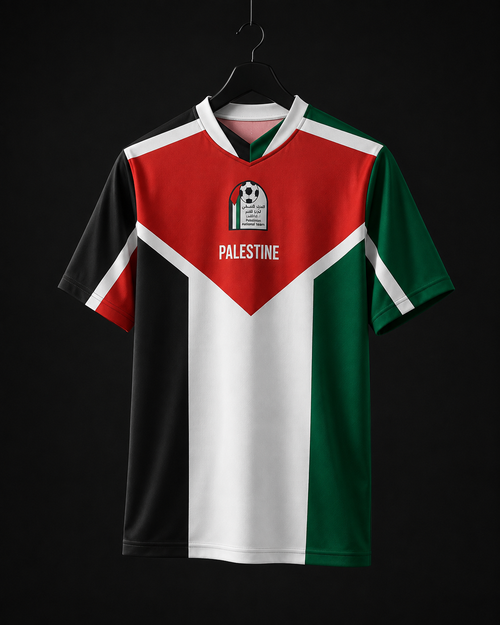 A short-sleeve soccer jersey hanging on a black hanger against a black background. The jersey features the Palestinian flag design with vertical black, red, white, and green stripes, and the word 'PALESTINE' printed on the chest.