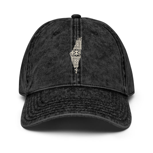 Vintage cotton twill dad hat with the map of Palestine intricately embroidered on the front panel, parchment and charcoal colorway