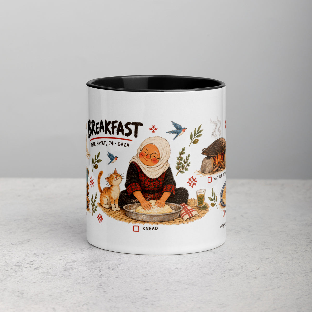 Illustrated white ceramic mug showing a Palestinian grandmother in a tatreez thobe kneading bread dough in Gaza, with a cat, firewood, flour sack and flatbread.
